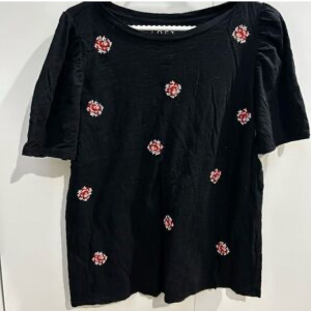 LOFT Black Top with Red Floral Accents